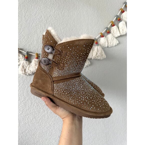 Bearpaw Prudence Pull On Suede Sparkle Sherpa Boots Brown Warm Cozy Winter NEW 9 - Picture 1 of 9